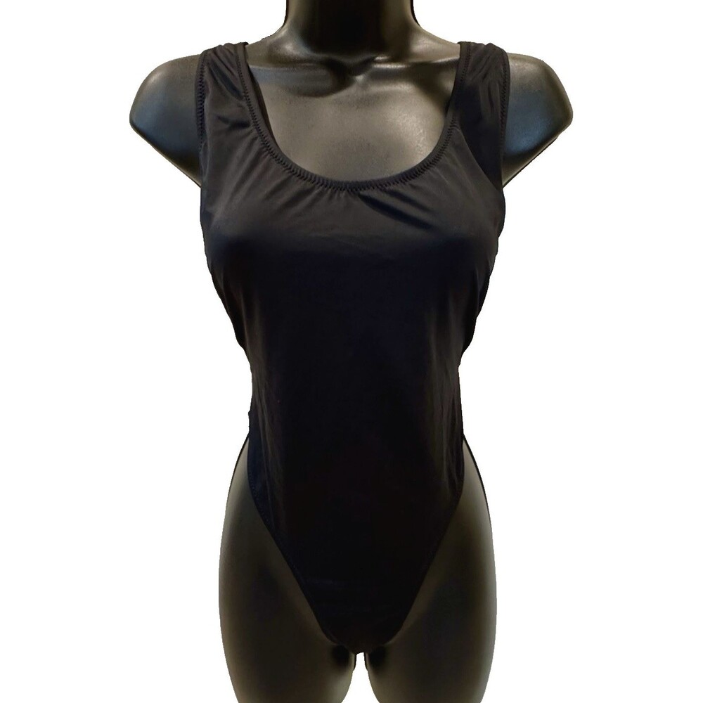 Women's One-Piece High Cut Swimsuit Cheeky Size XL Open Back BLACK NWOT